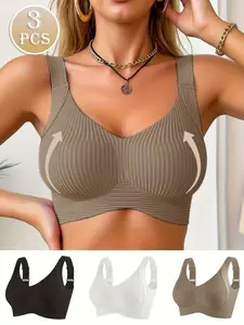 3-Pack Seamless Full-Coverage Underwear Bras for Women, Wide Strap Soft Wireless Medium Support, /coffee/ Blue, Everyday Elegance