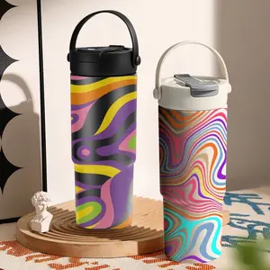 PIKPAKA Colorful Wavy Pattern Vacuum Flasks 700ml Ceramic Lined Tumbler with Tea Infuser & Hidden Straw, Vacuum Insulated Travel Mug with Handle, Long Cold Retention Water Bottle, Holiday Gift for Christmas, Birthday & Mother's Day