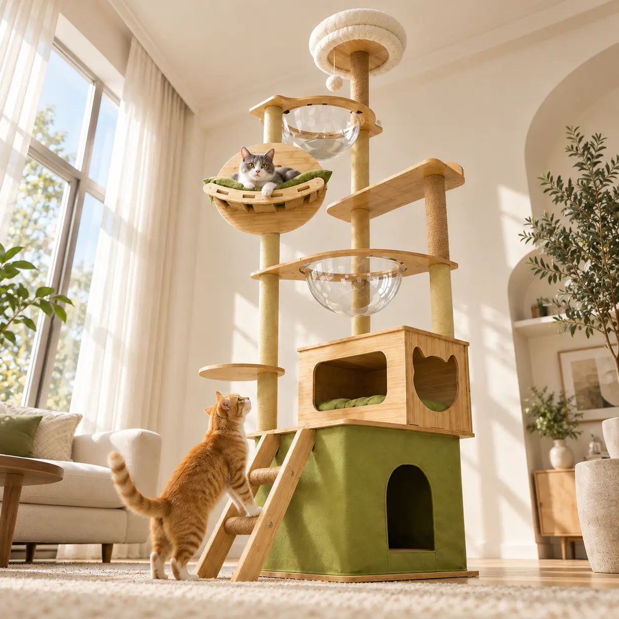 78.7-Inch Tall Wood Frame Cat Tree for Indoor Cats - Modern Home Decor, Multi-Level Tower with 2 Acrylic Bowl Hammocks, Double Condos, Cushioned Top Bed, Side Lounge Perch, Scratching Posts, Climbing Ladder & Hanging Toy for Stimulating Play