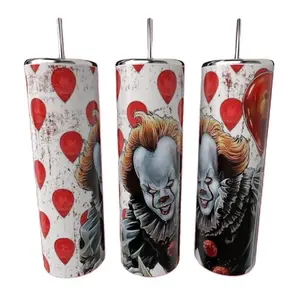 IT 20oz Stainless Steel Tumbler with Pennywise Design - Keeps Drinks Hot or Cold for Hours Includes Lid Metal Straw & Non-Slip Grip