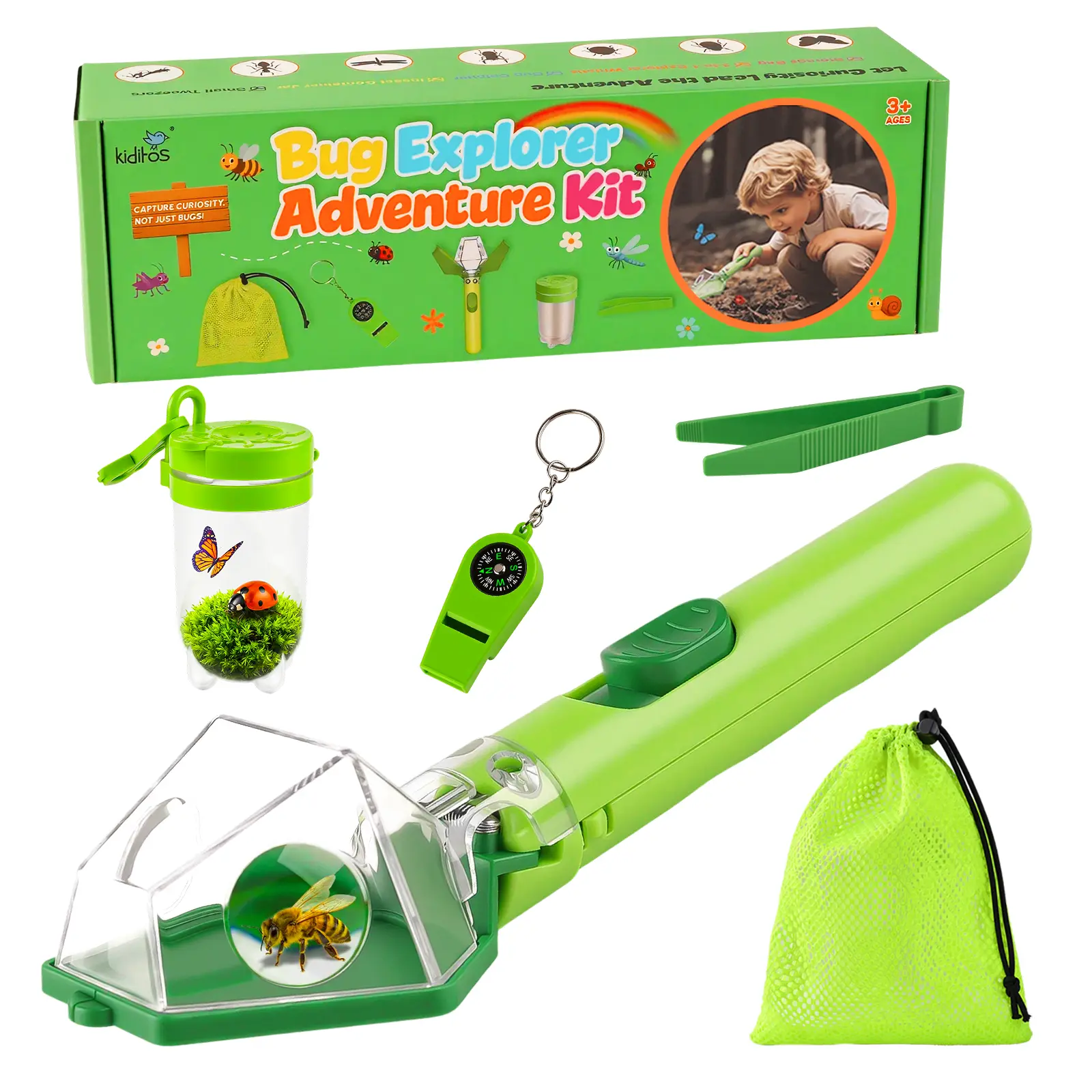 Kiditos Bug Catcher Kit for Kids, Outdoor Explorer Set with 6X Magnifier, Compass, Tweezers & Insect Jar #Summervibes