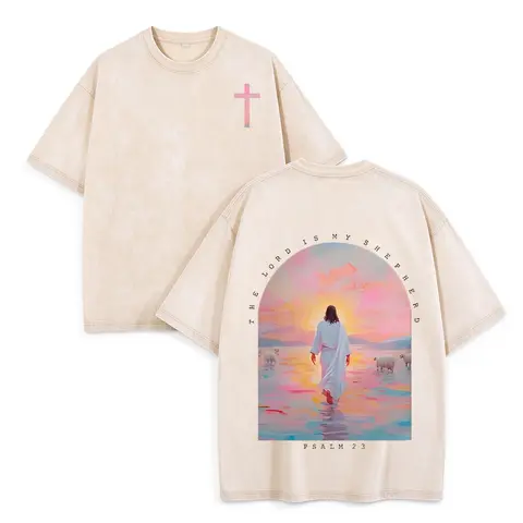 Men's 230G Distressed Washed Vintage Cotton Crew Neck Graphic Tshirt - Menswear, Christian Clothing, Fitted Figure-Flattering Casual Top, All Seasons, Psalm 23 Jesus Print, Machine Washable, Back to School Gift, 2XL
