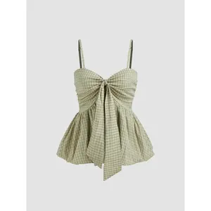 Cider Check Shirred Knotted Bubble Hem Cami Top