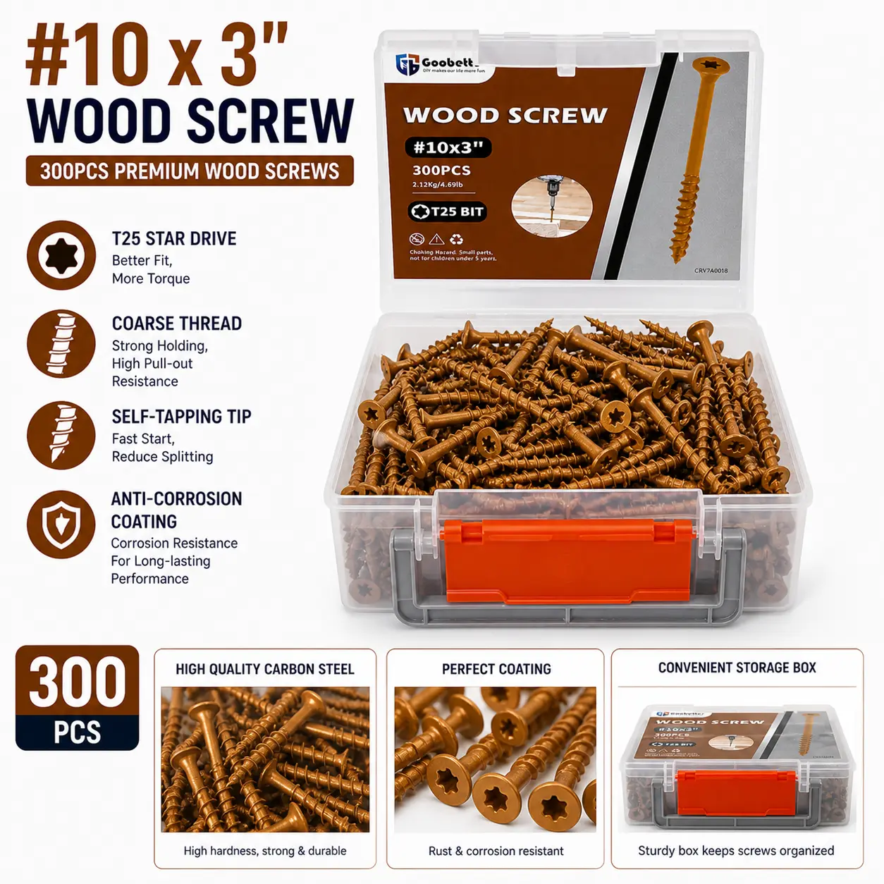300PCS #10×3in Carbon Steel Countersink Wood Screws, Anti-Rust Coat Torx Countersunk Head, Self-Drilling Zinc-Coated, High Pull-Out Resistance Fasteners with T25 Driver Bit, Heavy-Duty for Woodworking, Outdoor Construction