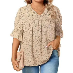 Eytino Womens Plus Size Floral Print Blouses V Neck Ruffle Flowy Short Sleeve Shirts Babydoll Casual Tunic Tops(1X-5X)