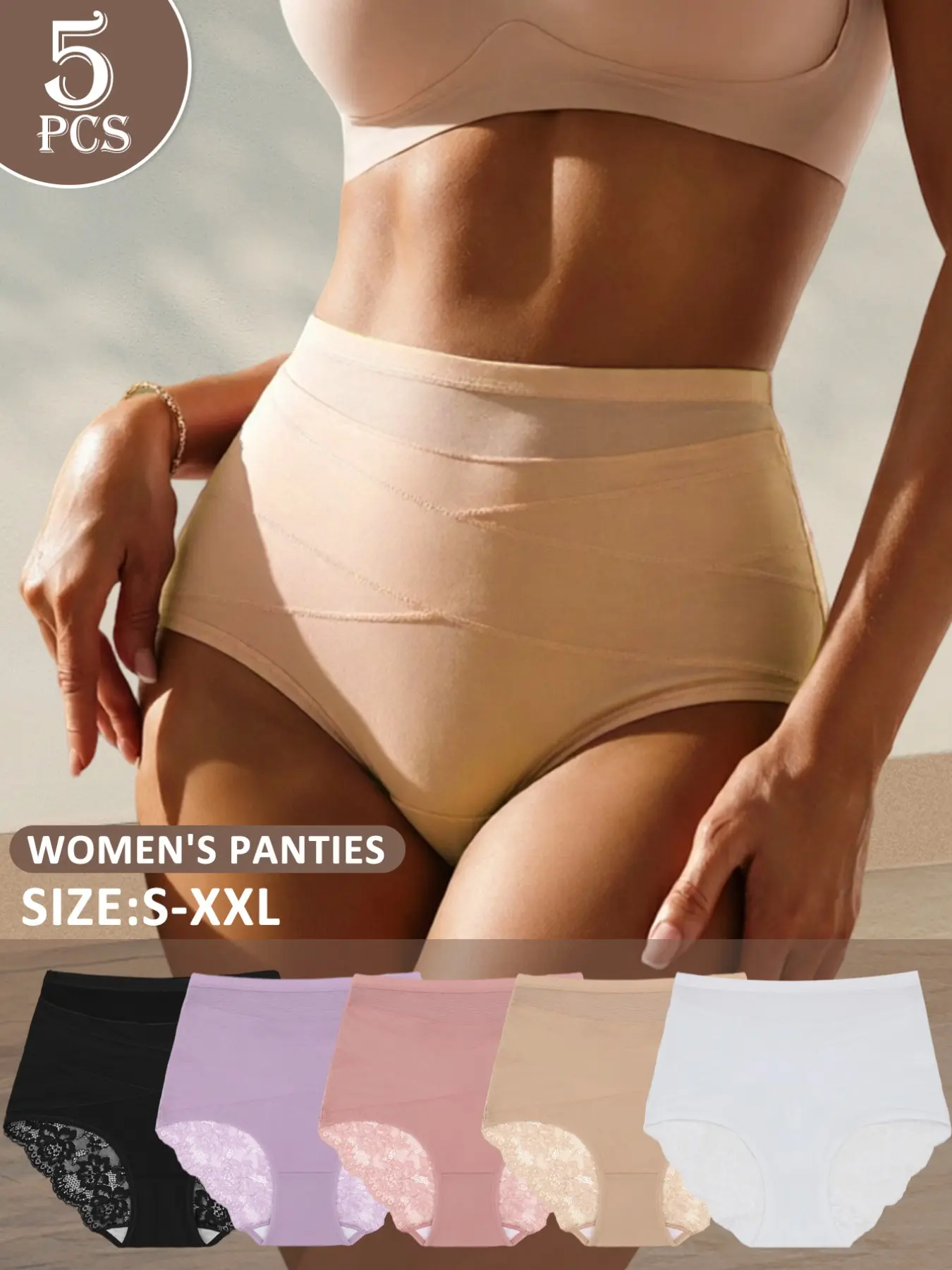5 Pcs High Waist Lace Compression Shapewear Panties, Cross Belly Control, Mesh Waistband, Invisible Tummy Control, Daily Wear, Comfortable Fit