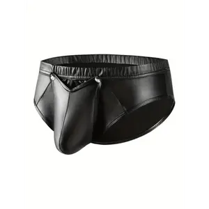 Men'S Xokesy Sexy Below Open Crotch Shorts, Faux Leather, Soft, Elastic Waist, Solid Color, Button Details, Slight Stretch Fabric, No Belt, No Chest Pad, Bulge Pouch Crotchless Lingerie Underpants 2025 Men's Underwear Black Menswear
