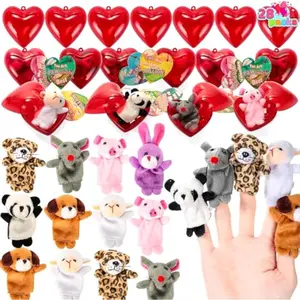 28 Packs Valentines Day Plush Animal Finger Puppets with Prefilled Hearts and Cards for Kids, Valentine Classroom Exchange Gift, Party Favors, Game Prizes
