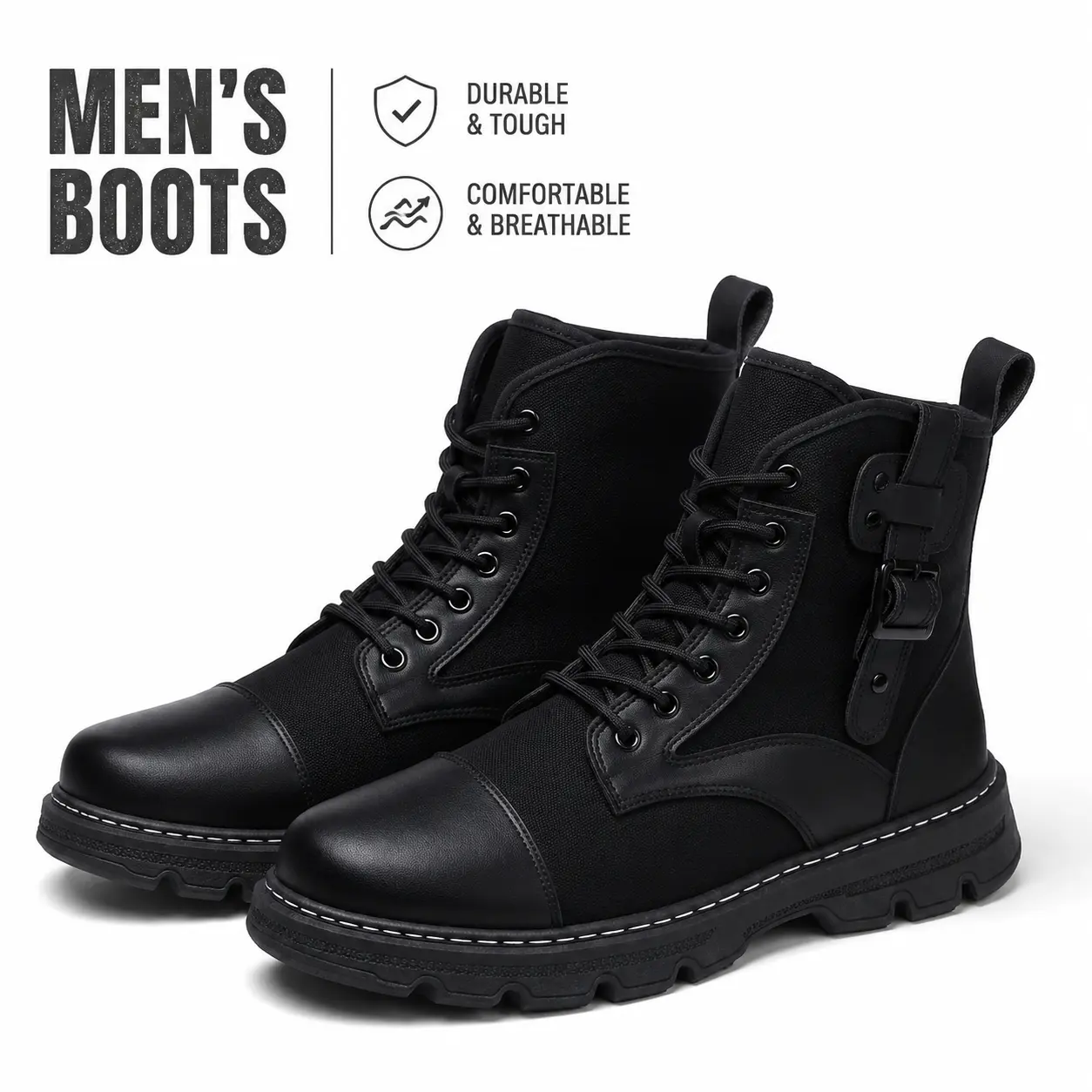 YANXIANSHOES Men’s Classic Black Buckle Lace-Up Combat Boots | Streetwear / Rugged Style | Daily Wear / Outdoor Casual Occasions
