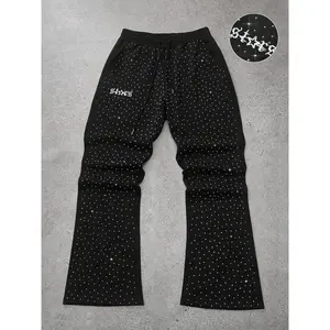 Unisex rhinestone-embroidered street-style pants with slanted pockets, made from a fitted midweight fabric—trendy casual wear for all seasons, youthful and fashionable.
