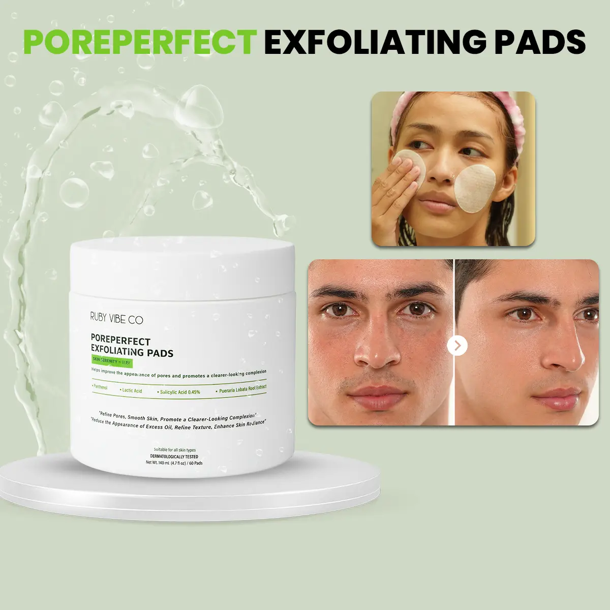 RUBY VIBE CO PorePerfect Toner Pads for Face with Salicylic Acid, Exfoliating Toner Pads, Korean Toner Style Pore Pads for Smoother-Looking Skin, 60 Face Toner Pads, 140 mL