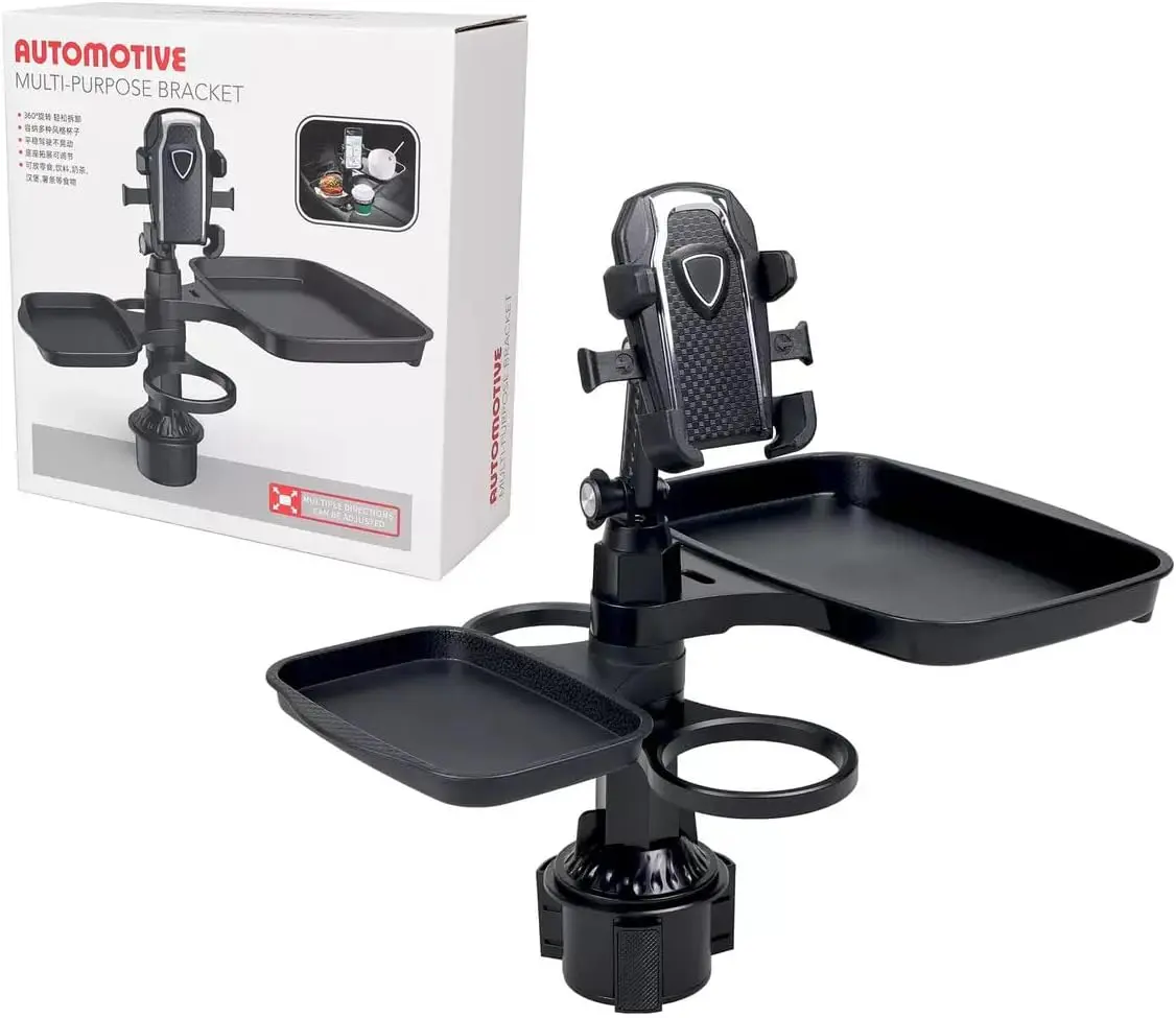 5 in 1 Car Cup Holder Expander with Phone Holder & 2 Food Table Tray & 2 Cup Holder for Drink/Snacks/Humburgers