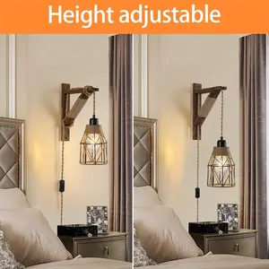 Plug In Wall Sconces Farmhouse Hanging Lamp, Metal Cage Sconce with Wooden Bracket for Bedroom Living Room,Wall Light, Wall Lamp Led Lighted lamp lights lights for bedroom christmas hallway ceiling wall lights Indoor Lighting Lighting Modes Adjustable