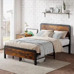 【GARVEE】14 Inch Queen Metal Platform Bed Frame + Wooden Headboard + Footboard + Mattress Foundation + No Box Spring Needed + Large Under Bed Storage + Non-Slip Without Noise + Vintage Brown