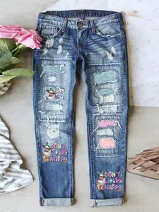 Women's Patch Ripped Distressed Mid-Waist Boyfriend Fit Washed Cute Animal Print Easter Rabbits Eggs Print Loose Denim Jeans Elastic Waistband Breathable Comfy Womenswear Pants for All Seasons