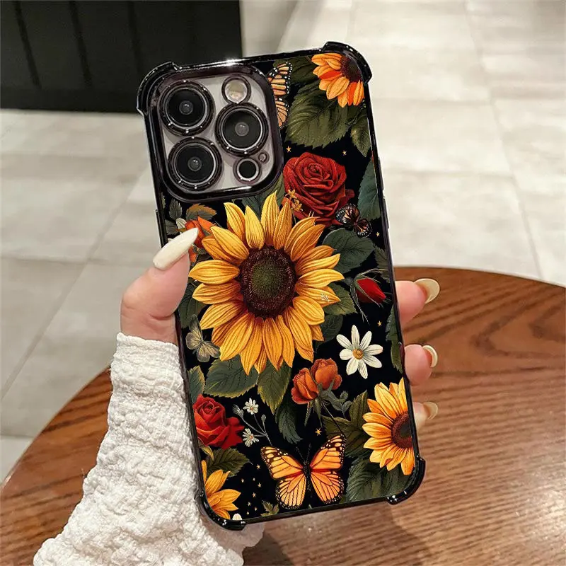 Fashionable sunflower and flower Pattern phone case Suitable for iPhone 17/16/15/14/13/12/11 Pro Max Plus electroplated anti drop soft case phone case Protector Screen Protector Protection Protective Cover Smartphone Casing Cellphone Shockproof