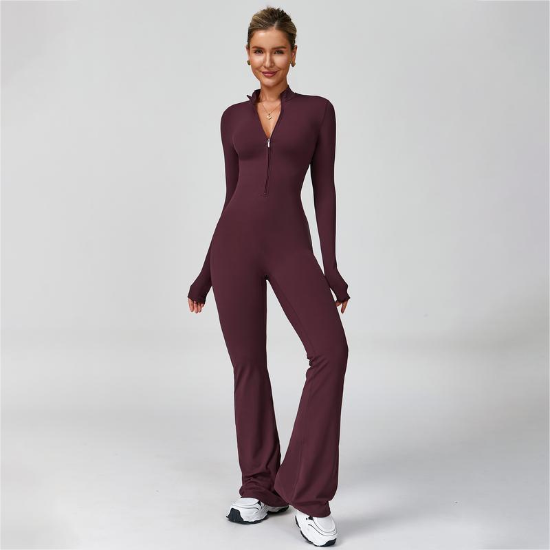Women's Long Sleeve Flared Sports Jumpsuit - Zipper Jumpsuit, Wide Leg body suit, Sexy One-Piece Yoga Jumpsuit, Fitness Activewear for the Gym, Pilates, Casual or Street Wear, Tennis Skirt with Shorts and Tie-Front Activewear sporty yoga set
