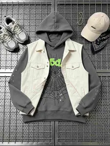 Menswear Men's Fitted Hooded Pullover, Spider Web Pattern, Letter Print, Colorful Stars, Street Punk Style, Fall & Winter Casual Graphic Sweatshirt