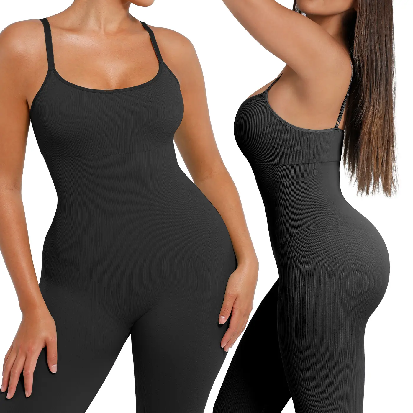 FeelinGirl Seamless Breathable Jumpsuits for Women Built-in Bra Stretchy Sportswear Spaghetti Straps Scoop Neck Yoga Suit