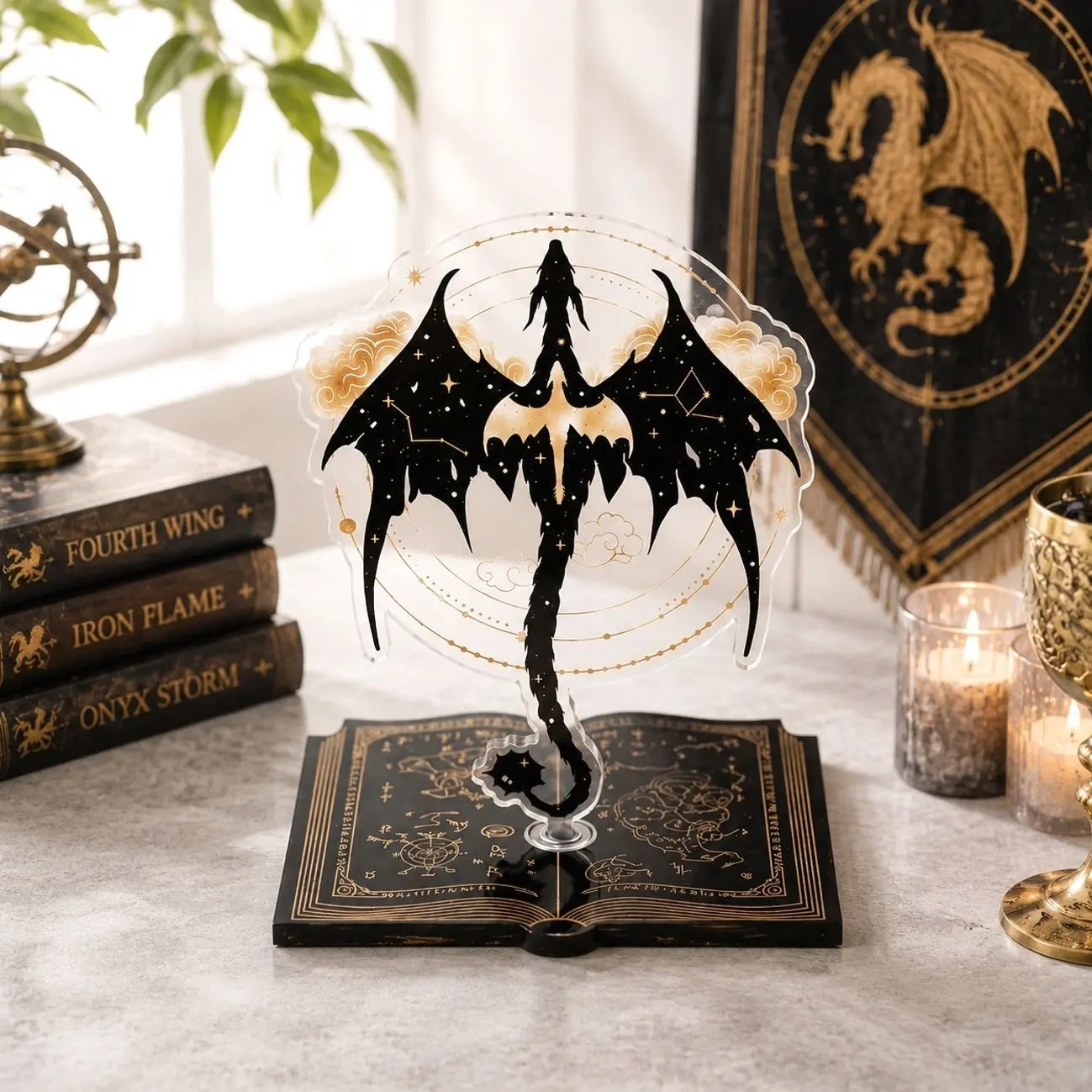 Fourth Wing Tairn & Andarna Dragon Spinning Acrylic Standee – Elestial Black Dragon Display, Basgiath War College Bookish Desk Decor