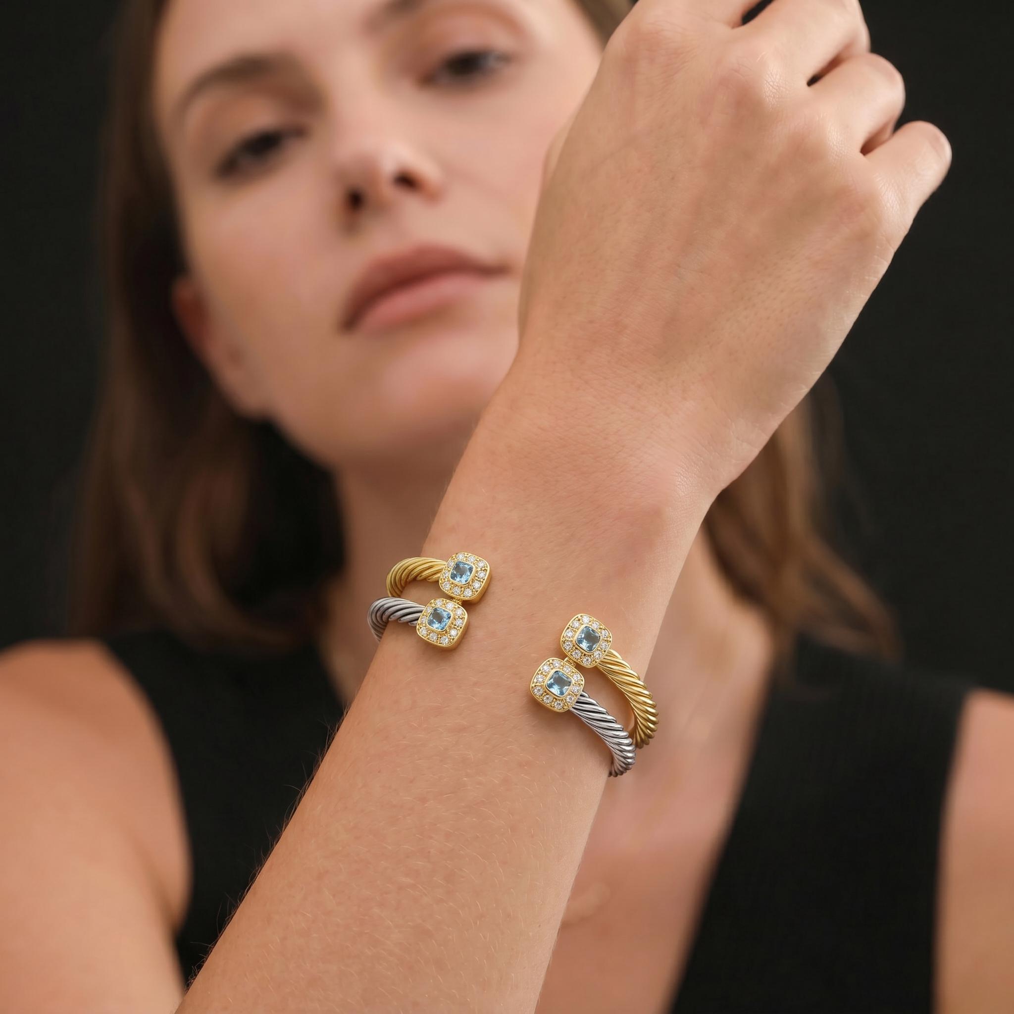 Aprilery Aquamarine Blue Cushion Cut Halo Twisted Cable Cuff Bracelet Vintage Fresh Daily Wear Jewelry