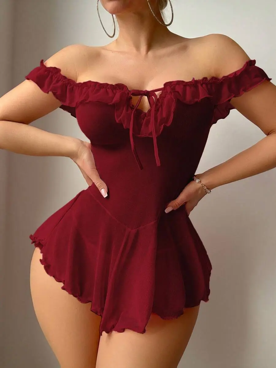 DAZY  Burgundy Mesh Slip Dress With Ruffled Off Shoulder Design For Women, Going Out Red Lingerie Dress Babydoll Lingerie Dress