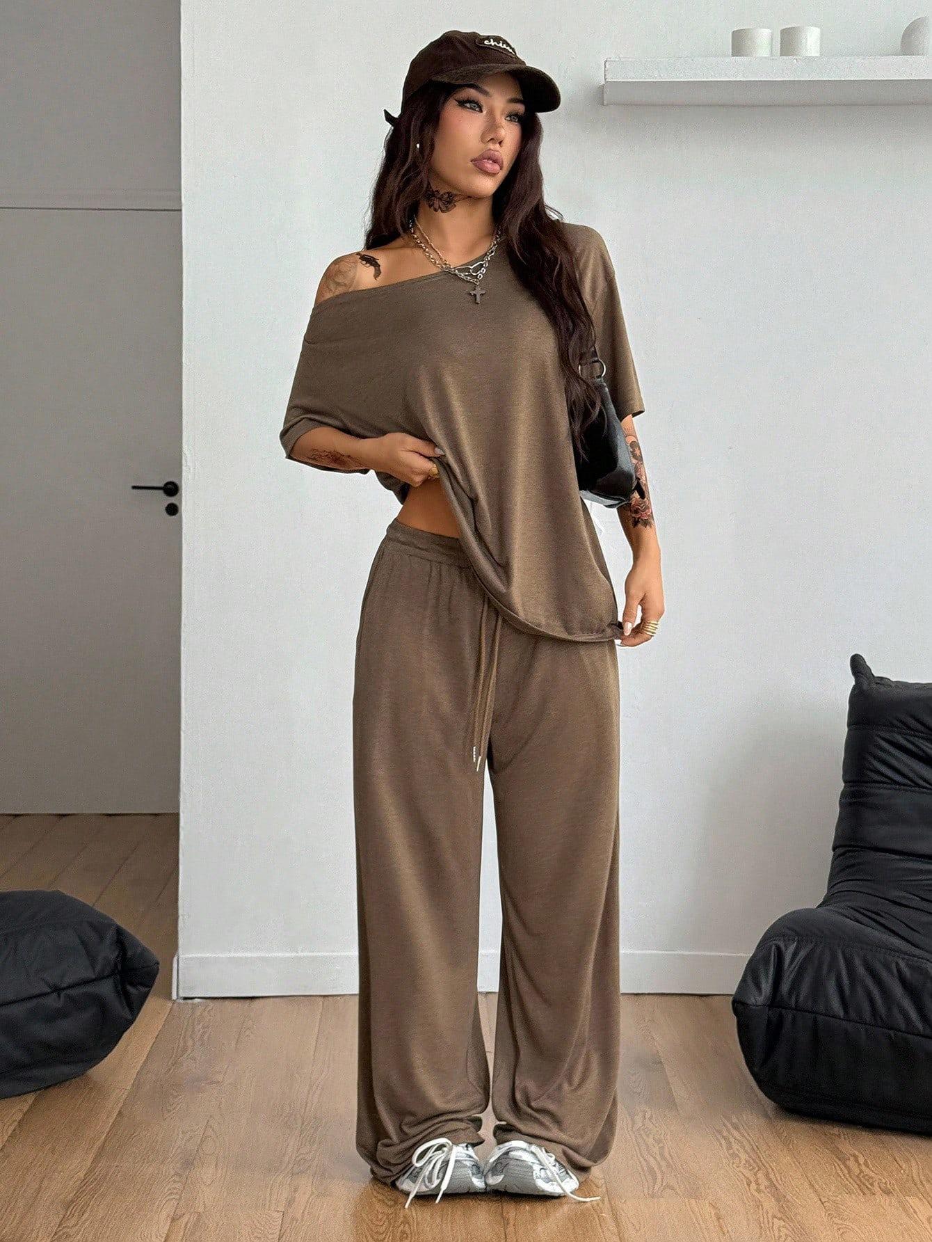 Women's Casual Solid Color Sport Two-Piece Set, Loose Long Pants & Wide Leg Slant Neck Pant Suit, Spring & Fall Fashion