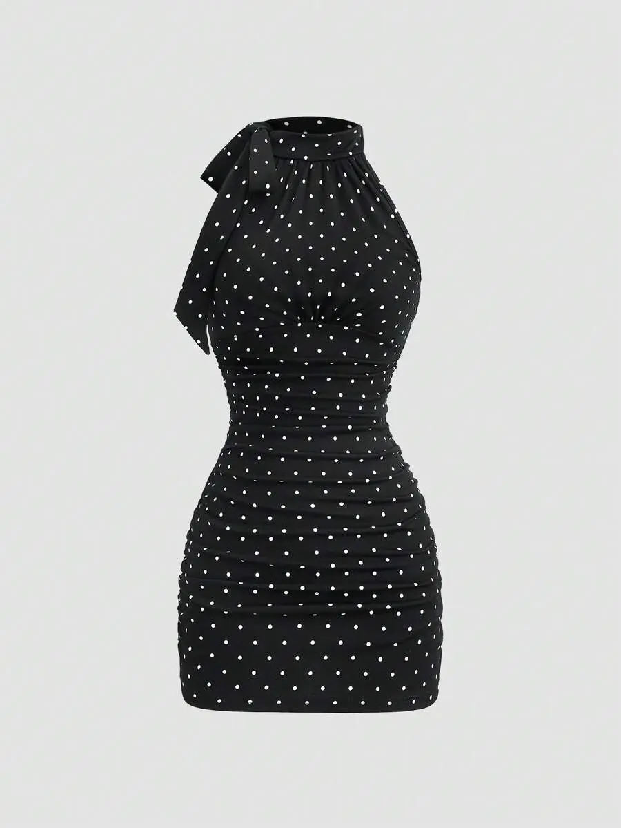 Sweetra New Spring French Fashion Polka Dot Bow Tie Waist Ruched Slimming Elegant Office Lady Black Mini Dress