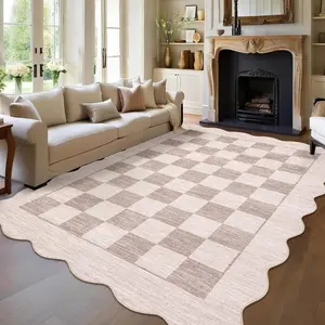 Garvee Large Modern Rugs for Living Room 10x13 Scalloped Accent Rug, Non-Slip Checkerboard Floor Cover, Washable Neutral Geometric Indoor Carpet for Dining Room, Bedroom, Office, Beige Brown