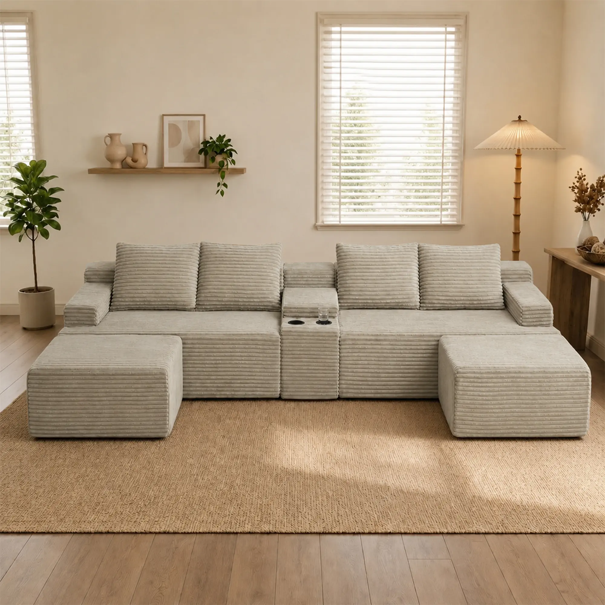 U-Shaped Corduroy Cloud Modular Frameless Convertible Sofabed, Oversized Deep Plush Modern Soft-Body Living Room Furniture with Built-In Cup Holders & Storage, Multi-Adjustable for Large Families