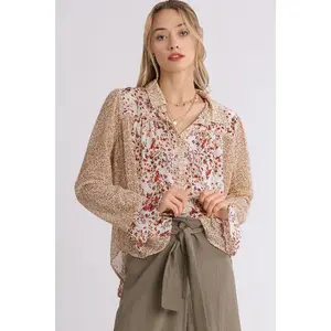 Umgee Full Size Mixed Print Metallic Detail Long Ruffle Sleeve Button Down Shirt Plus Size