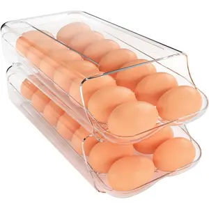 Egg Holder for Fridge, Automatic Rolling Egg Container for Refrigerator, Clear Plastic Egg Dispenser, Stackable Eggs Organizer with Quick Removable inner Tray For Organizers and Storage, 2 Pack
