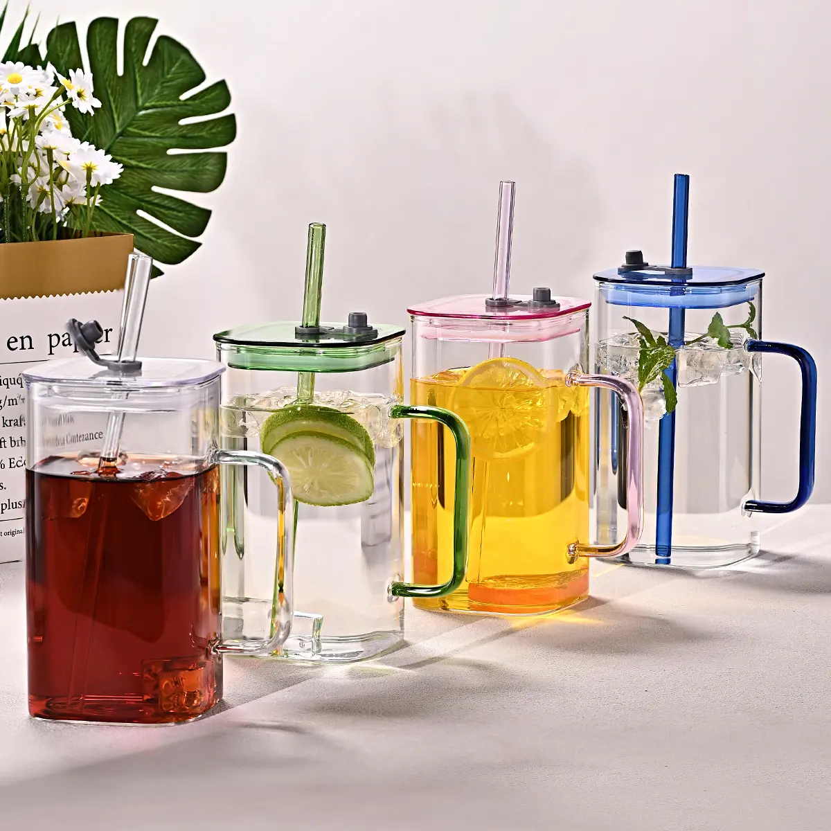 Square Glass Tumbler with Lid and Straw, 22/24 oz Iced Coffee Cup for Water Juice and Tea