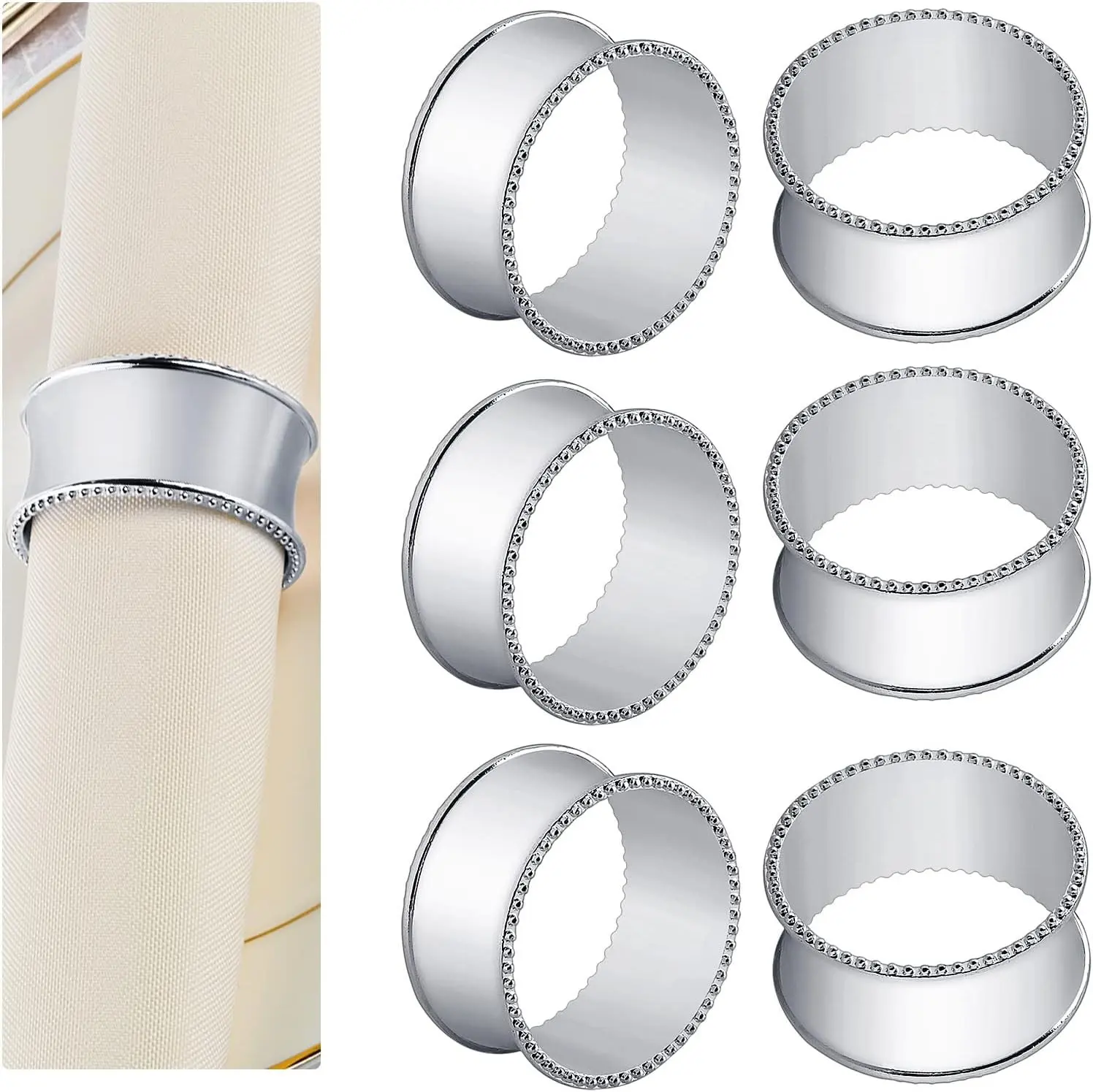 6 Pcs Stainless Steel Bead Side Napkin Rings, Silver Delicate Serviette Buckles