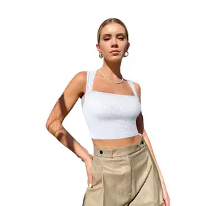 2024 European American Summer New Women's Sleeveless Square Collar Stretch T-shirt Midriff-Baring Camisole