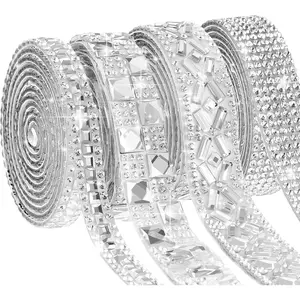 4 Yards Self Adhesive Rhinestone Ribbons 4 Styles Rhinestone  Roll Bling Ribbon Glitter   Belt for  Clothing DIY Craft Wedding  Shower Event(White-a,Elegant)