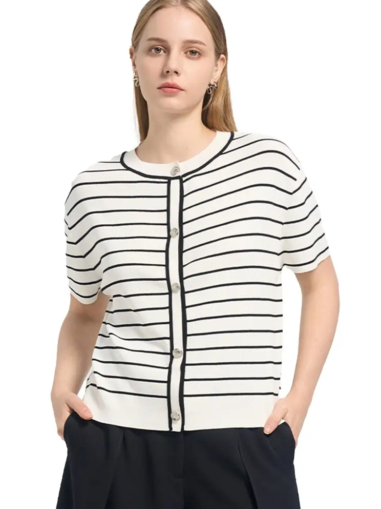 Womenswear Classic Striped Short-Sleeve Knit Top - Button-Front Round-Neck Blouse for Work, Casual Wear