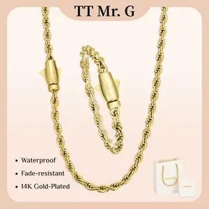 14K Gold Plated Rope Chain Necklace & Bracelet Set for Men & Women, 6mm Twisted Rope Chain Jewelry, Hypoallergenic, Tarnish Resistant, Durable Hip Hop Street Style Set, Gift Ready with Box