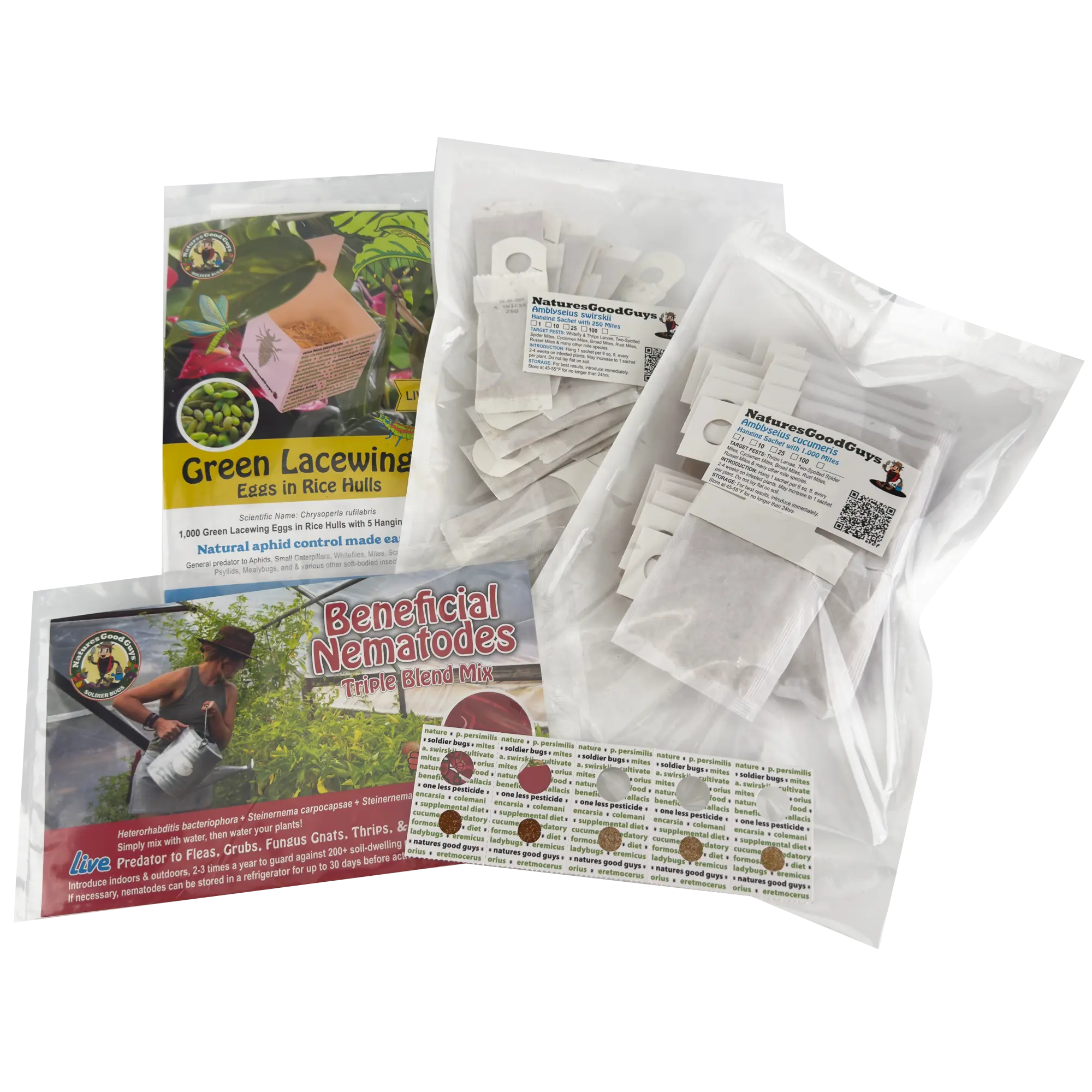 Indoor Garden Pack - 1,000 Green Lacewings, 25 A. cucumeris Sachets, 25 A. swirskii Sachets, 5M Nematodes, & 5 Good Bug Artemia Diet Tabs
