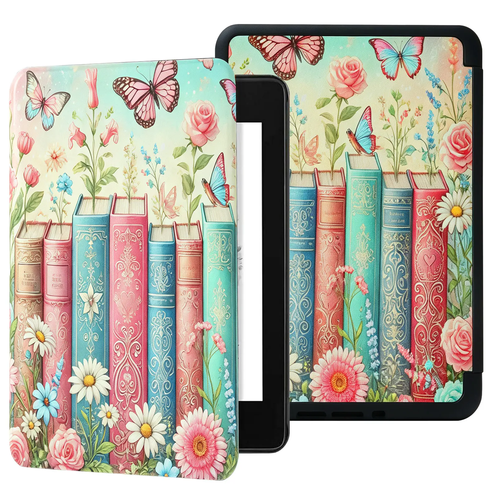 Kindle Paperwhite 12th Generation Case 7 Inch 2024 Release, Colorful Books Floral PU Leather Cover with Auto Sleep Wake Function and Hand Strap, Book Lover Gift