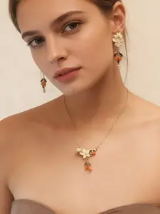 Enamel Gardenia & Kumquat Jewelry Set, Floral Tassel Necklace and Dangle Earrings, Good Luck Charm Statement Jewelry for Weddings