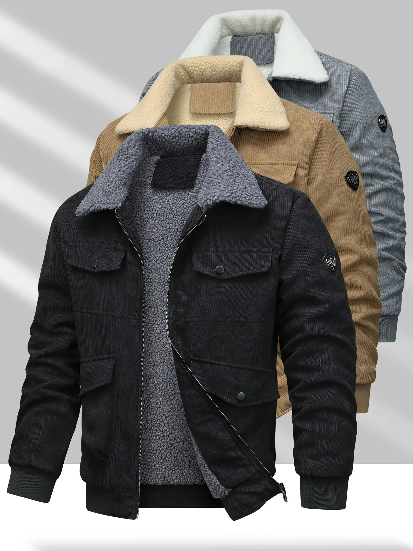 Men's Thick Woven Heavyweight Plain Corduroy Jacket - Windproof Long Sleeve Winter Clothes with Collar, Full Zipper Closure, Polyester Filling Locks in Warmth, Machine Washable Easy Care Casual Fitted Outerwear