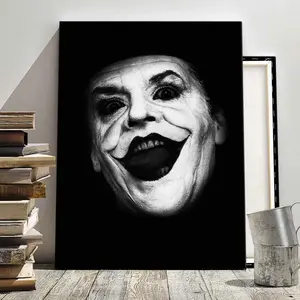1Count Halloween Framed Canvas, Black White Creepy Clown Face, Wide Smile Tongue Out, Horror Portrait, Exquisite Poster, Christmas Decoration Poster, Living Room, Bedroom, High Definition Home Poster,  Ideal Gift, Waterproof,  Art