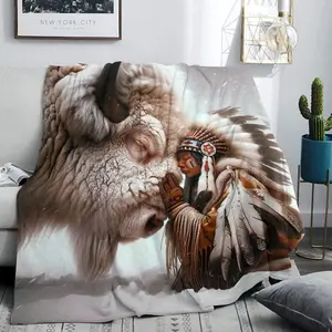 Buffalo & Native American Pattern Blanket, Soft Comfortable Throw Blanket, Warm Napping Blanket for Home Office Travel Camping