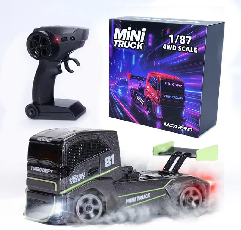 1/87 Scale Drift Rc Car - Semi-Truck Edition | 2.4GHz 4WD High-Speed Mini Remote Control Truck with Racing Lights(Grey))