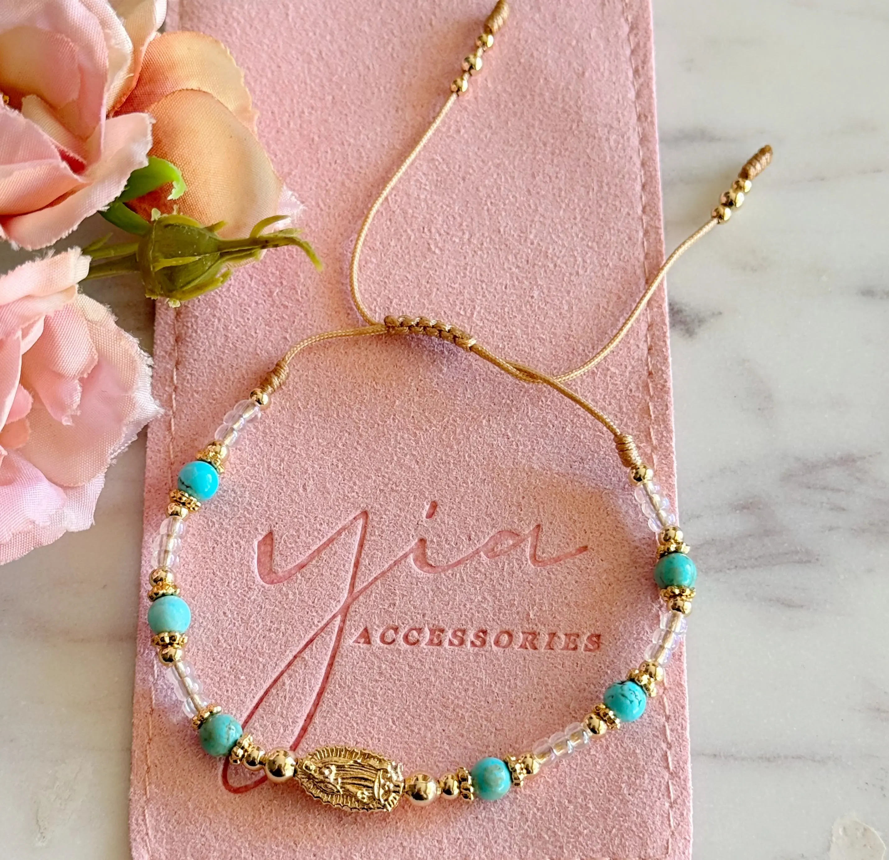 Virgencita de Guadalupe Adjustable Bracelet - 18-Karat Gold Plated, Natural Turquoise Stone, Unisex Protective Costume Jewelry for Spiritual Wellness & Emotional Balance