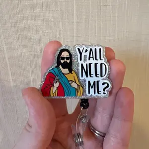 Y'all Need Me Jesus Retractable Badge Reel, Funny Badge Reel, RN, LPN Nurse Badge Holder Clip, Interchangeable ID Badge Holder