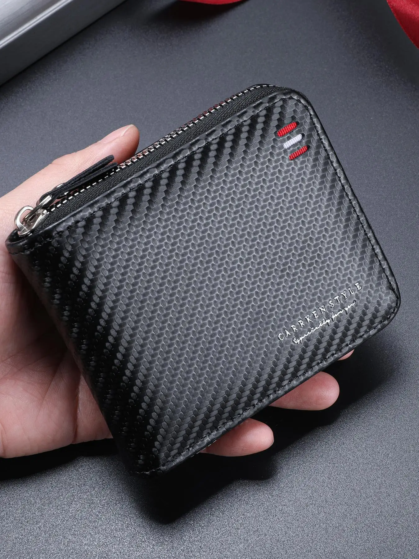 Father's Day Gifts, Men's Carbon Embossed Zipper Wallet, 2024 New Style Casual Multi Card Slot Short Wallet, Vintage Trendy Multi-function Wallet for