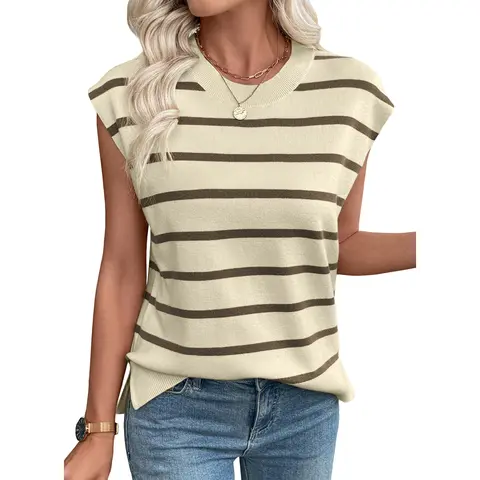 EVALESS Women's Casual Striped Knit Tank Top - Ladies' Essential Everyday Cute Tops for Women, Crewneck, Cap Short Sleeves, Trendy Sweater Vest Style, 2026 Springtok Spring-Summer Fabric Outfits