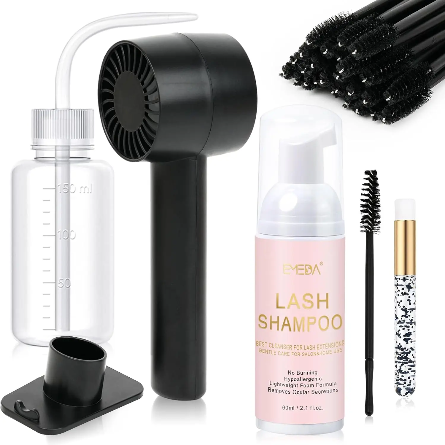 Summer Spring Gifts  Lash Shampoo Kit 2.02 fl oz Lash Cleaning Kit with Rechargeable Fan Dryer/Brush/Rinse Bottle, Oil-free Cleanser Wash for Extensions & Clusters & Natural